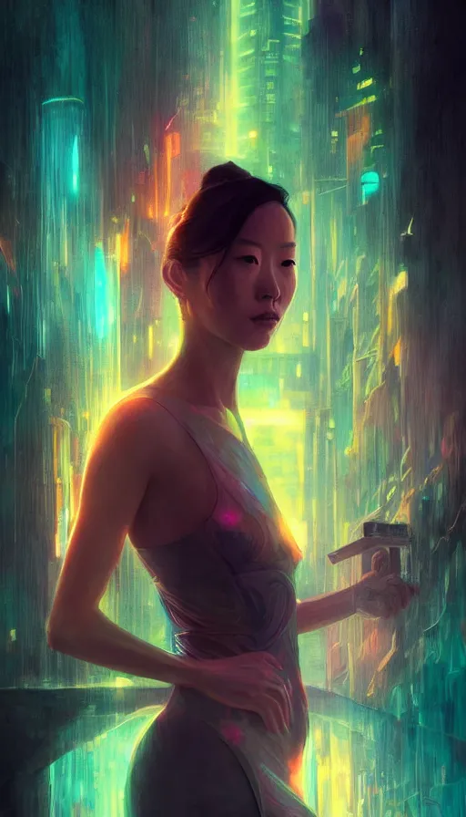 Image similar to olivia cheng, altered carbon, neon, dreamy vibe, fibonacci, sweat drops, insane intricate, highly detailed, cinematic, atmospheric. digital painting, artstation, concept art, smooth, sharp focus, illustration, unreal engine 5, 8 k, art by artgerm and greg rutkowski and alphonse mucha, laura sava, laura palmer