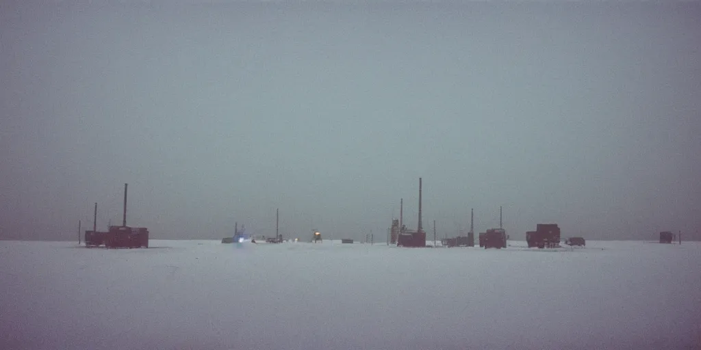 Prompt: photo of mongolian steppe during a snowstorm. three oil derricks in midground. cold color temperature. blue hour morning light, snow storm. hazy atmosphere. humidity haze. kodak ektachrome, greenish expired film, award winning, low contrast.