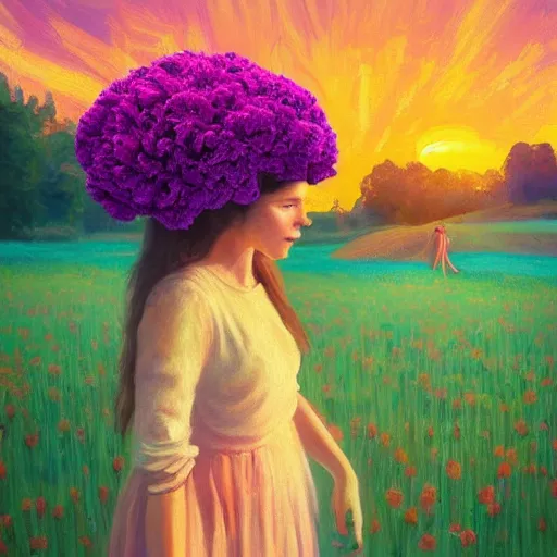 Image similar to girl with a giant carnation head, surreal photography, flower field, sunset dramatic light, impressionist painting, colorful clouds, blue sky, digital painting, artstation, simon stalenhag