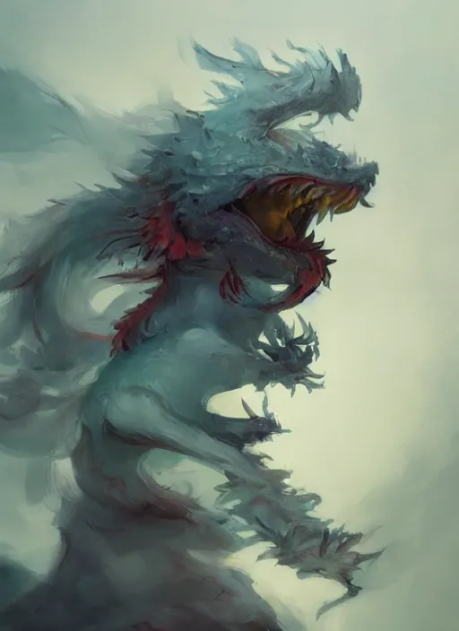 Image similar to semi reallistic gouache gesture painting, by yoshitaka amano, by ruan jia, by Conrad roset, by dofus online artists, detailed 3d render of traditional Chinese dragon coming out of the clouds, portrait, cgsociety, artstation, Digital reality, atmosphere, gesture drawn