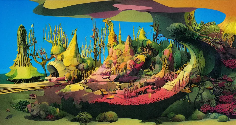 Image similar to seashell house, still life, concept art by roger dean, bill sienkiwicz and john harris, triadic color scheme