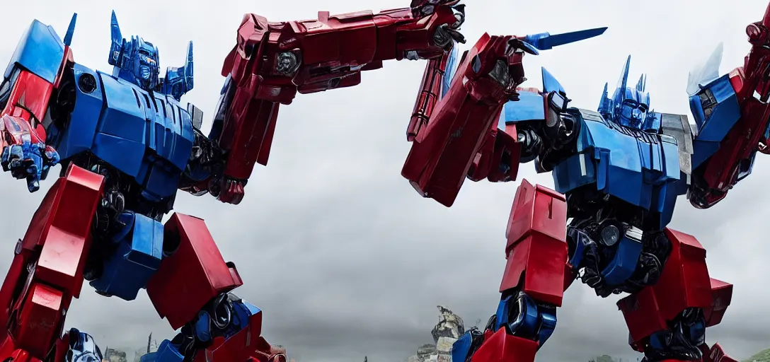 Image similar to Optimus Prime fighting a Pacific Rim Robot