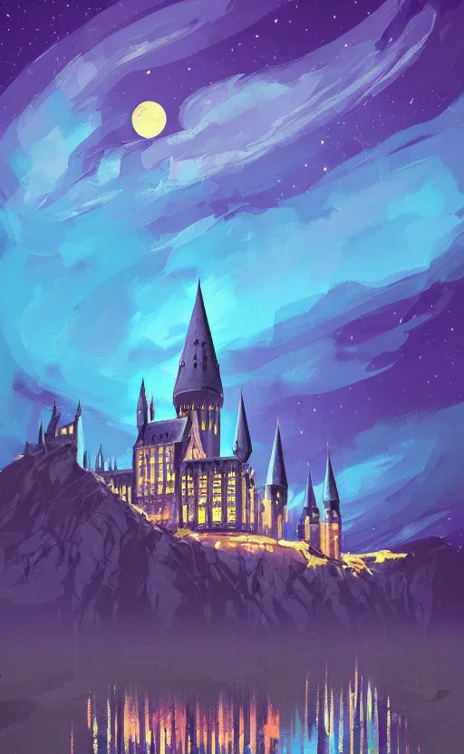 Prompt: a beautiful illustration of hogwarts at night, art of alena aenami, featured on artstation, vertical orientation, paint brush strokes, expressionism, brushstroke - laden, breathtaking clouds, birds, ocean, beautiful stars, long exposure, big moon radius, airy midnight magical theme, blue purple gradient, lens flare