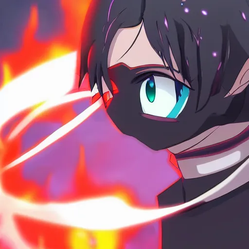 Image similar to key anime visual of a devil with glowing black eyes; lava flowing; close up shot; trending on Pixiv