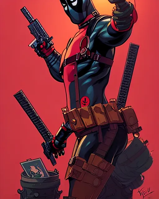 Prompt: highly detailed deadpool on the queen of hearts card, by atey ghailan, by greg rutkowski, by greg tocchini, by james gilleard, by joe fenton, by kaethe butcher