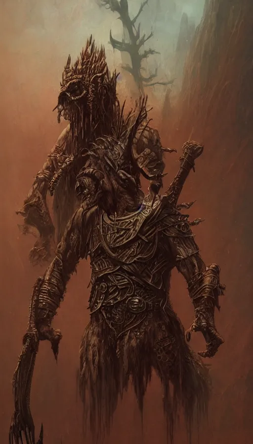 Image similar to beastman concept, wearing tribal armor, beksinski, wayne barlowe, adrian smith fantasy art, the hobbit art, the witcher concept art, trending on artstation - w 6 0 0