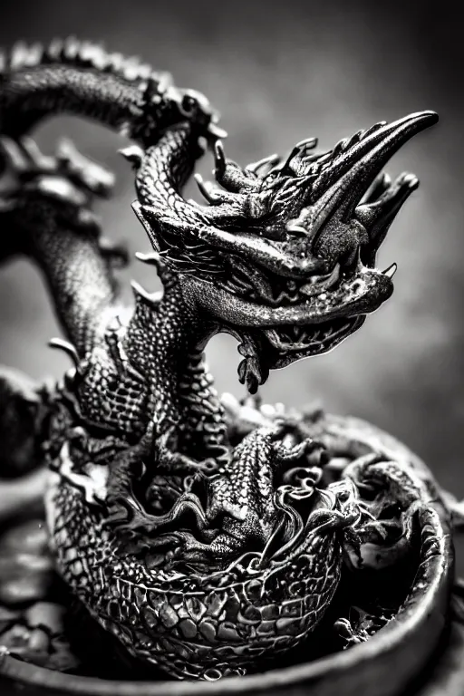 Prompt: photo of a dragon smoking a pipe, 3 0 mm, bokeh, dramatic lighting, beautiful