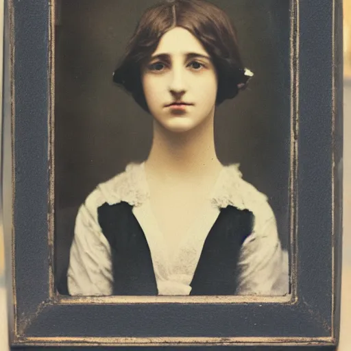 Prompt: portrait of a beautiful young lady with silver eyes, colored daguerreotype, by Mackintosh, rule of thirds, fair complexity, 4k quality