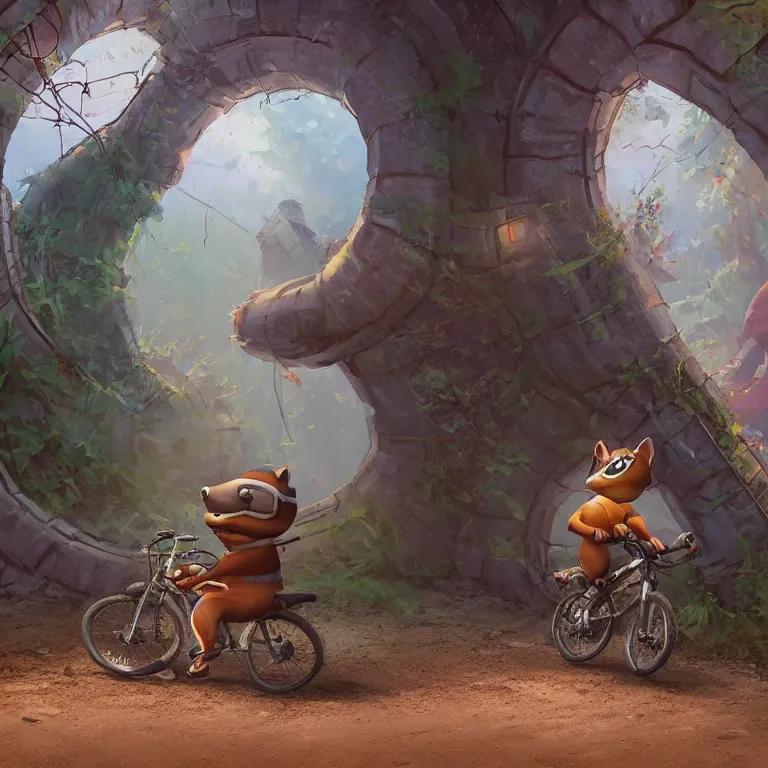 Image similar to A chipmunk riding a bike through a portal. Detailed digital matte painting in the style of simon stalenhag