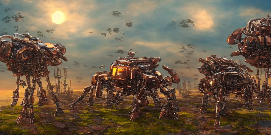 Image similar to steampunk mecha crabs invading a medieval brick castle at sunset, fantasy, coastal terrain, extremely detailed, 4 k, 8 k