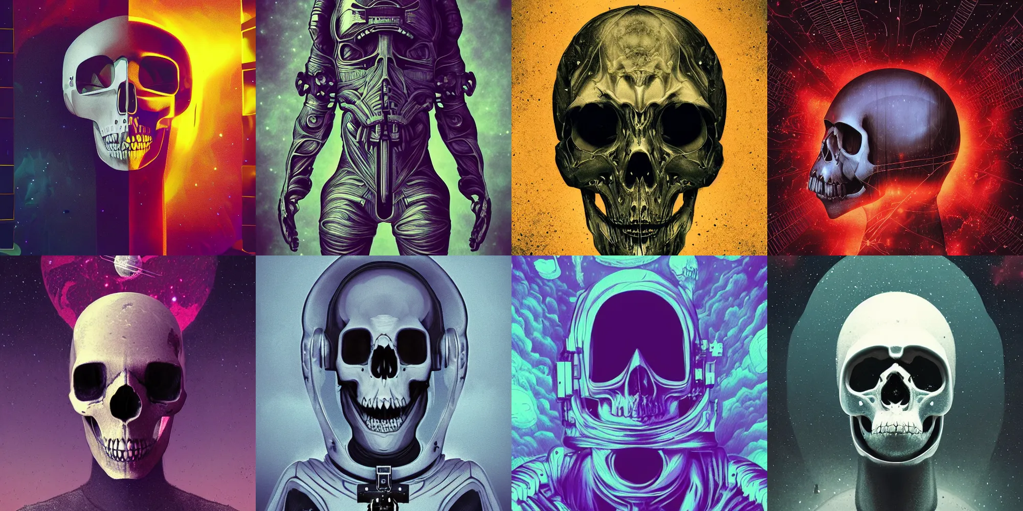 Prompt: beautiful dark astronaut skull head, horror poster 9 0 s, cosmic horror, abstract, ghostly, arcade, duotone, poltergeist, lets get weird, intricate, elegant, highly detailed, smooth, sharp focus, unreal engine 5, raytracing, art by beeple and mike winkelmann, ultraviolet colors,