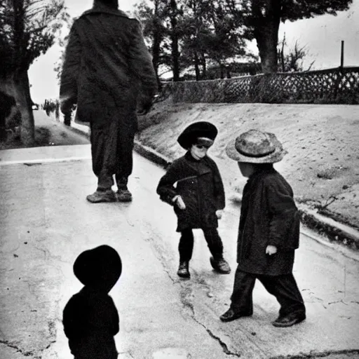 Prompt: A little boy in a hat tells a story to his sister that he saw a man who puts photos of fallen heroes of the Soviet Union on the roads gothic style, 2k