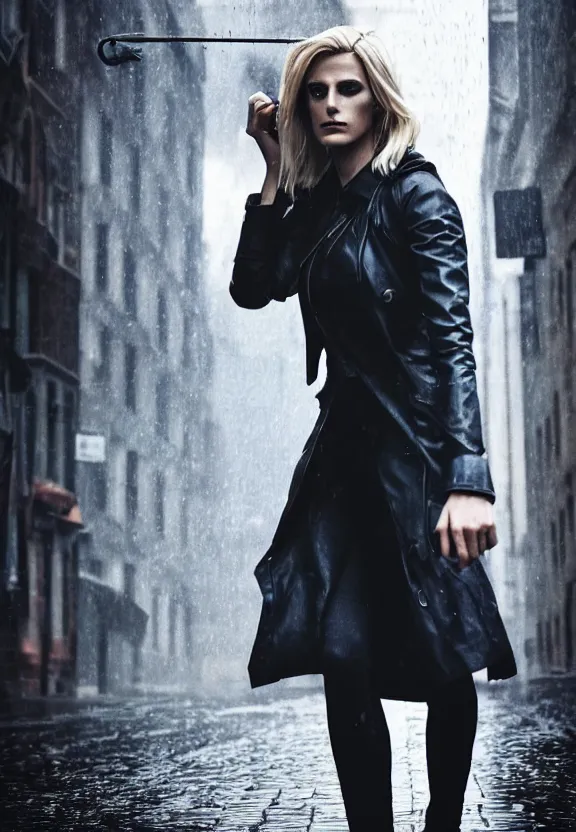 Prompt: cosmopolitan model annie leonhart posing in dunwall city, beautiful face, detailed face, realistic eyes, cinematic lighting, rainy weather, melancholy atmosphere, volumetric light, gothic architecture, realistic reflections, model agency, instagram photo, depression atmosphere, shot on sony a 7