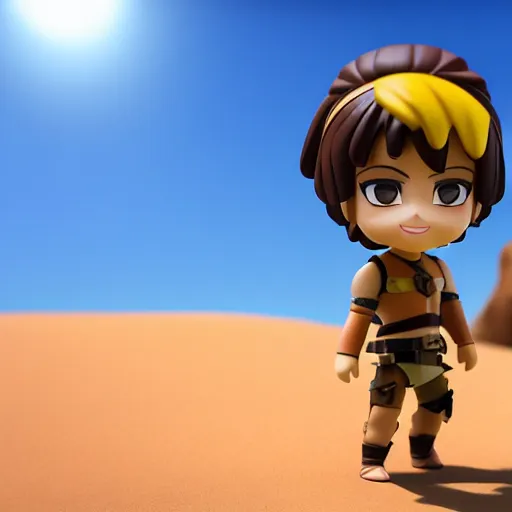 Image similar to dangerous arabian warrior as nendoroid walking in a desert in the croods movie style, anime, disney, pixar, 8 k, hd, dof, kodak film, volumetric lighting, subsurface scattering, photorealistic, octane render, details