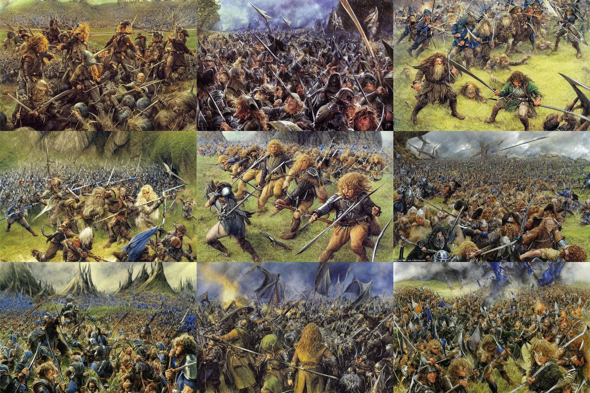 Prompt: Bandobras Took leading the Hobbits in a charge at the Battle of Greenfields against the goblins. Vivid painting by Alan Lee. Fantasy Artwork