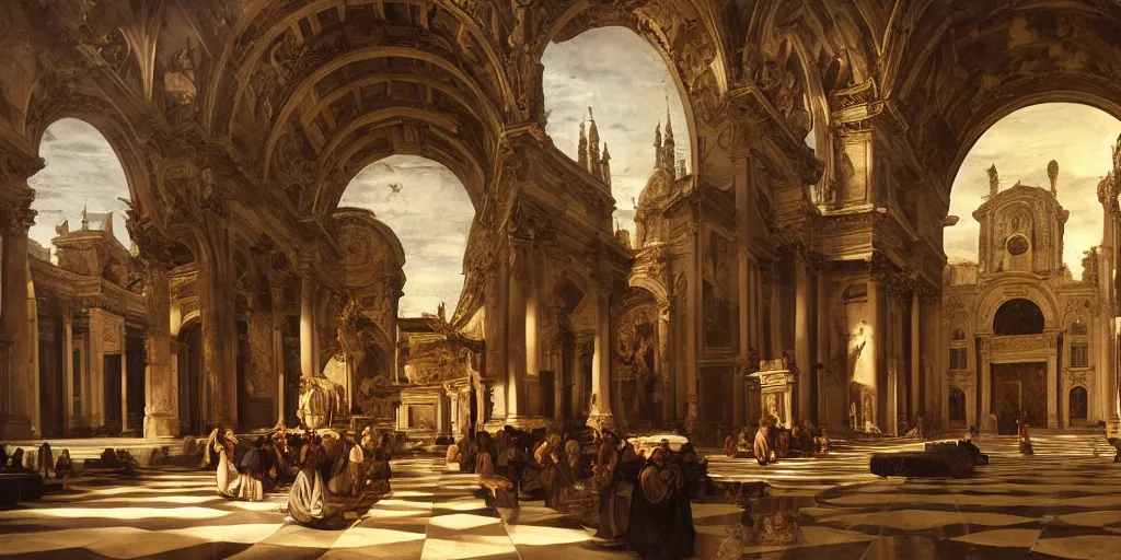 Prompt: beautiful oil matte painting, baroque church caught on fire with people desperate to extinguish the flames, wonderful masterpiece highly detailed, beautiful cinematic light deep focus, elegant, digital painting, smooth, sharp focus, golden ratio, dramatic illumination, ultra realistic, 8 k, art by giovanni bellini and caravaggio