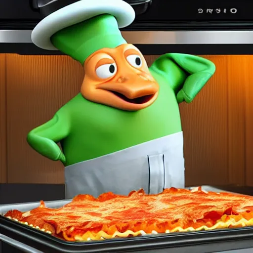 Image similar to pixar 3 d style cute platypus on a kitchen wearing a chef hat and holding a lasagna into an oven, with three basil leaves over the lasagna, pixar style, 3 d, ratatouille style