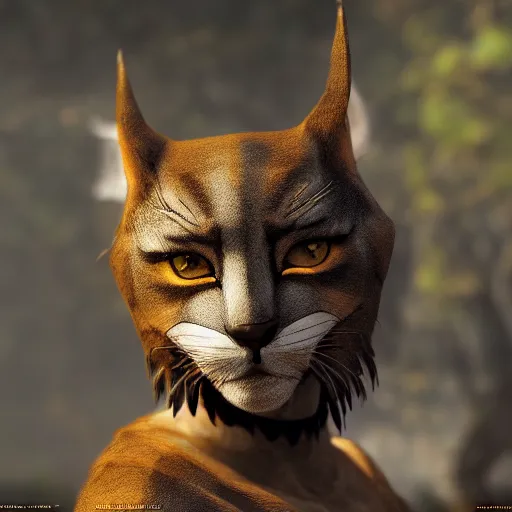 Prompt: a brown Khajiit with white mouth and ears wearing black assassin garb, high resolution film still, 8k, HDR colors