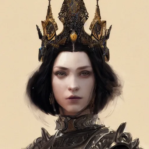 Prompt: portrait of a fantasy tall woman with black hair pale skin and a crown on her head, intricate baroque armour, glowing aura, trending on artstation, 4 k, greg rutkowski, concept art, matte painting,