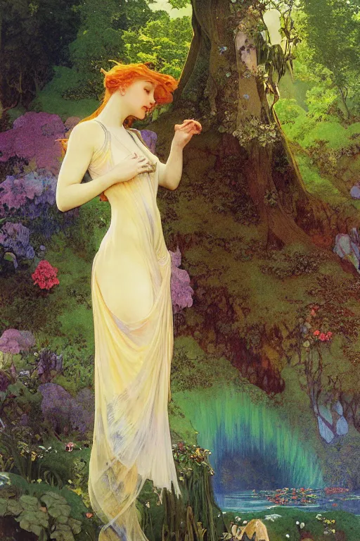 Prompt: a beautiful fairy wearing a silk gown, in a lord of the rings scenery landscape, rainbowshift, by maxfield parrish, alphonse mucha, brian froud, artgerm