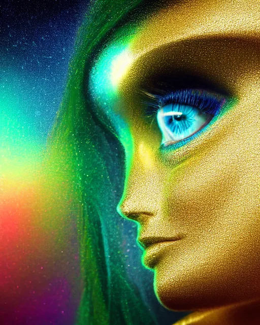 Image similar to a beautiful womans green eye reflecting a sky full of stars, hyper realistic, fractal algorightmic art, art station, coherent design, symmetrical, vivid color, complementary color, golden ratio, detailed, sharp lines, intricate, rainbowshift, in unreal 3 d engine, nvidia optix, ray tracing, octane render