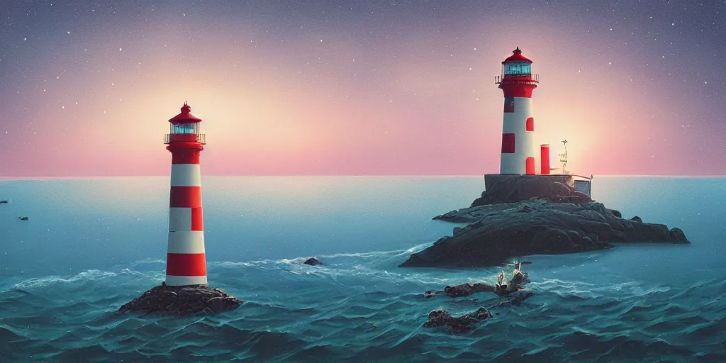 Prompt: milky way over the ocean by a lighthouse by simon stalenhag, dusk, art station trending