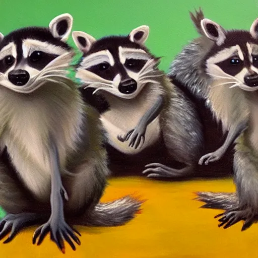 Image similar to a painting of a gang of racoons in the bowling alley, causing trouble