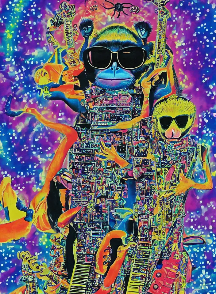 Prompt: a finely detailed poster of a spider monkey in sunglasses playing a keytar in front of a psychedelic background, art by Tadanori Yokoo