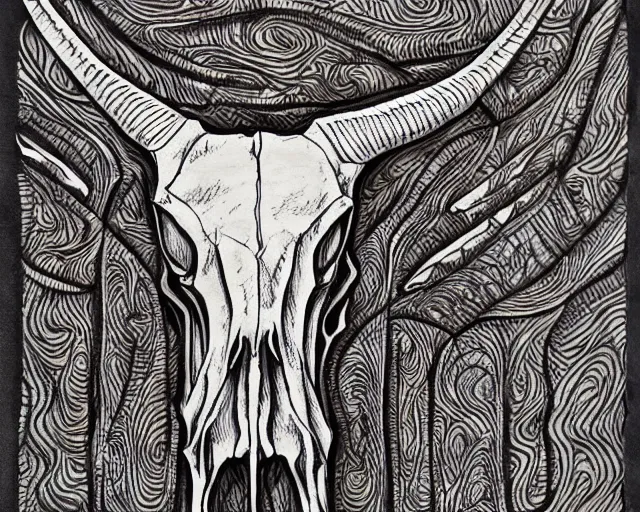 Prompt: Longhorn Skull, skull bone carved with patterns, wild wild west, tritone, mixed media, fine linework, pen and ink, symmetry