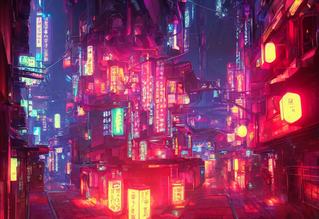 Image similar to a futuristic cyberpunk japanese izayaka alley with neon lights and lanterns, soft glow, intricate, cybernetic, trending on artstation, octane render, unreal engine, colorful, by chris foss, rodger dean, rossdraws and makoto shinkai
