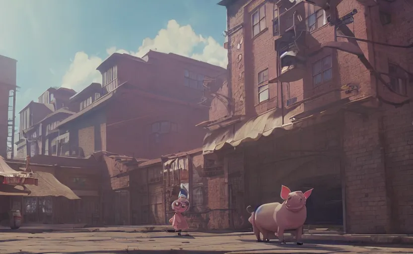 Prompt: a film still The pig factory, medium shot, waist up, studio Ghibli, Pixar and Disney animation, sharp, Rendered in Unreal Engine 5, anime key art by Greg Rutkowski, Bloom, dramatic lighting