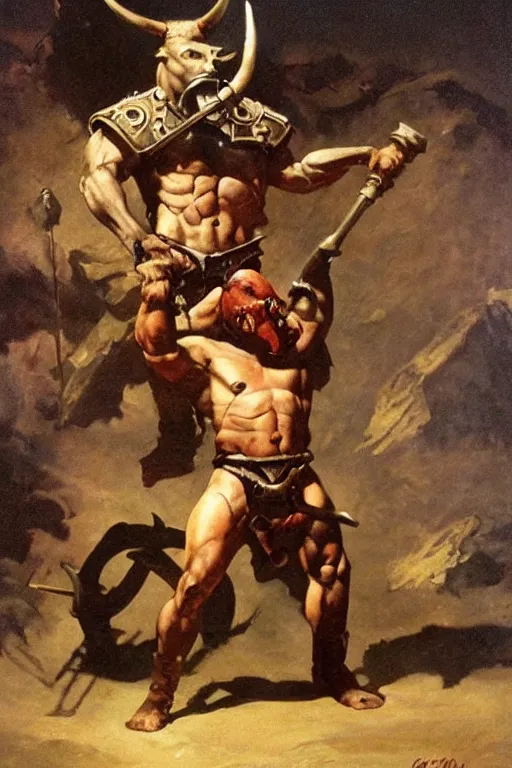 Prompt: a minotaur wearing a steel chestplate and holding a mace, human dressed as a bull, painting by frank frazetta