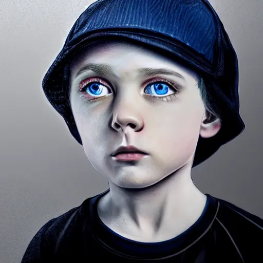 Image similar to a detailed portrait of a boy with light blue eyeswearing a black cap, realistic and detailed eyes, art illustration, incredibly highly detailed and realistic, 8 k, sharp focus