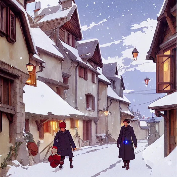 Image similar to french rural town, winter, in the style of studio ghibli, j. c. leyendecker, greg rutkowski, artem