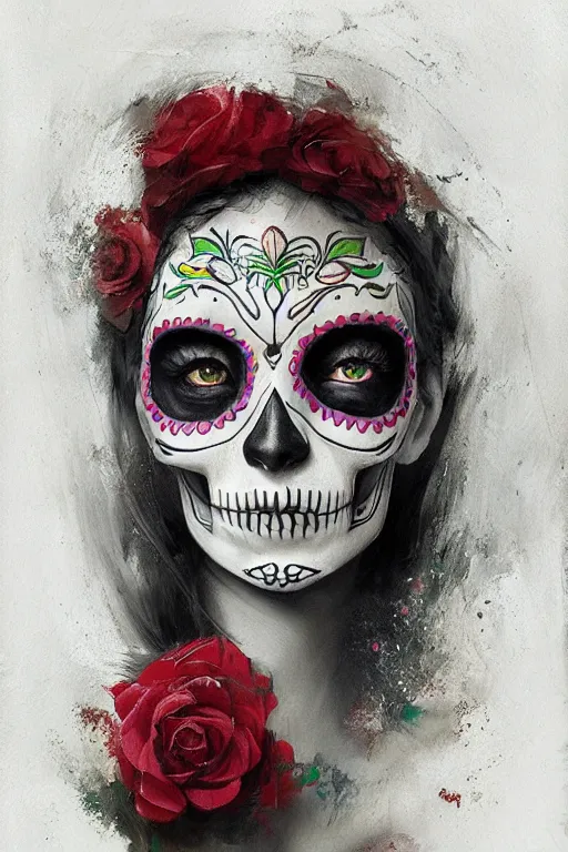 Prompt: Illustration of a sugar skull day of the dead girl, art by ruan jia