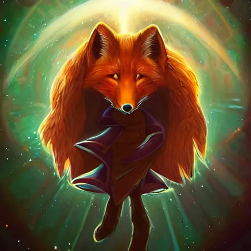 Prompt: a stylized portrait for an avatar of an awesome cosmic powerful anthropomorphic foxfolk mage themed around death and the stars and the cosmos, in the style of dnd beyond avatar portraits, beautiful, artistic, elegant, lens flare, magical, lens flare, nature, realism, stylized, art by jeff easley