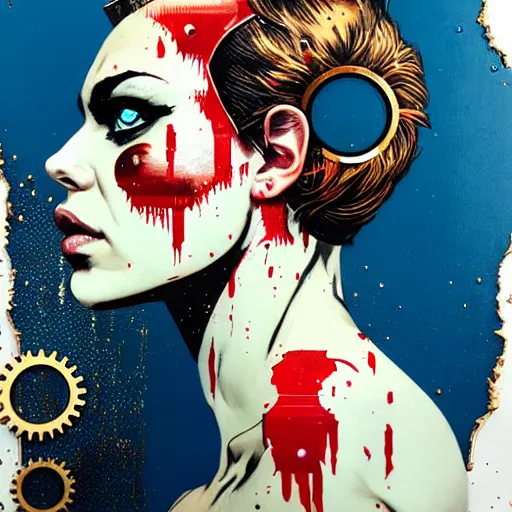 Image similar to portrait of britainwoman :: side profile :: in ocean :: clockwork details :: gold :: blood and horror :: by marvel and Sandra Chevrier