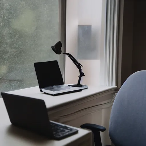 Prompt: a marble statue sitting at a desk with a frustration expression and a laptop, desk lamp and coffee cup on the desk, with a window letting in some sun light