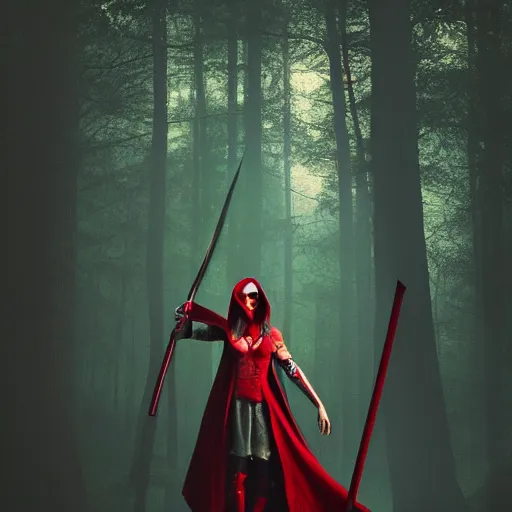 Image similar to cinematic, fierce red riding hood warrior standing in a dark forest holding a sword in the air, dark, 4k, artstation, highly rendered, octane render, beautiful, inspired by Peter Morhbacher, high resolution