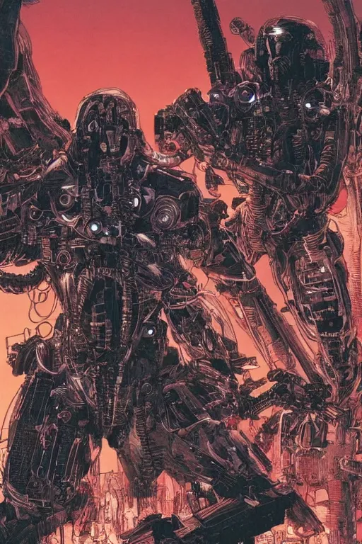 Image similar to cyborg bounty hunters at dusk, a color cover illustration by tsutomu nihei, tetsuo hara and katsuhiro otomo