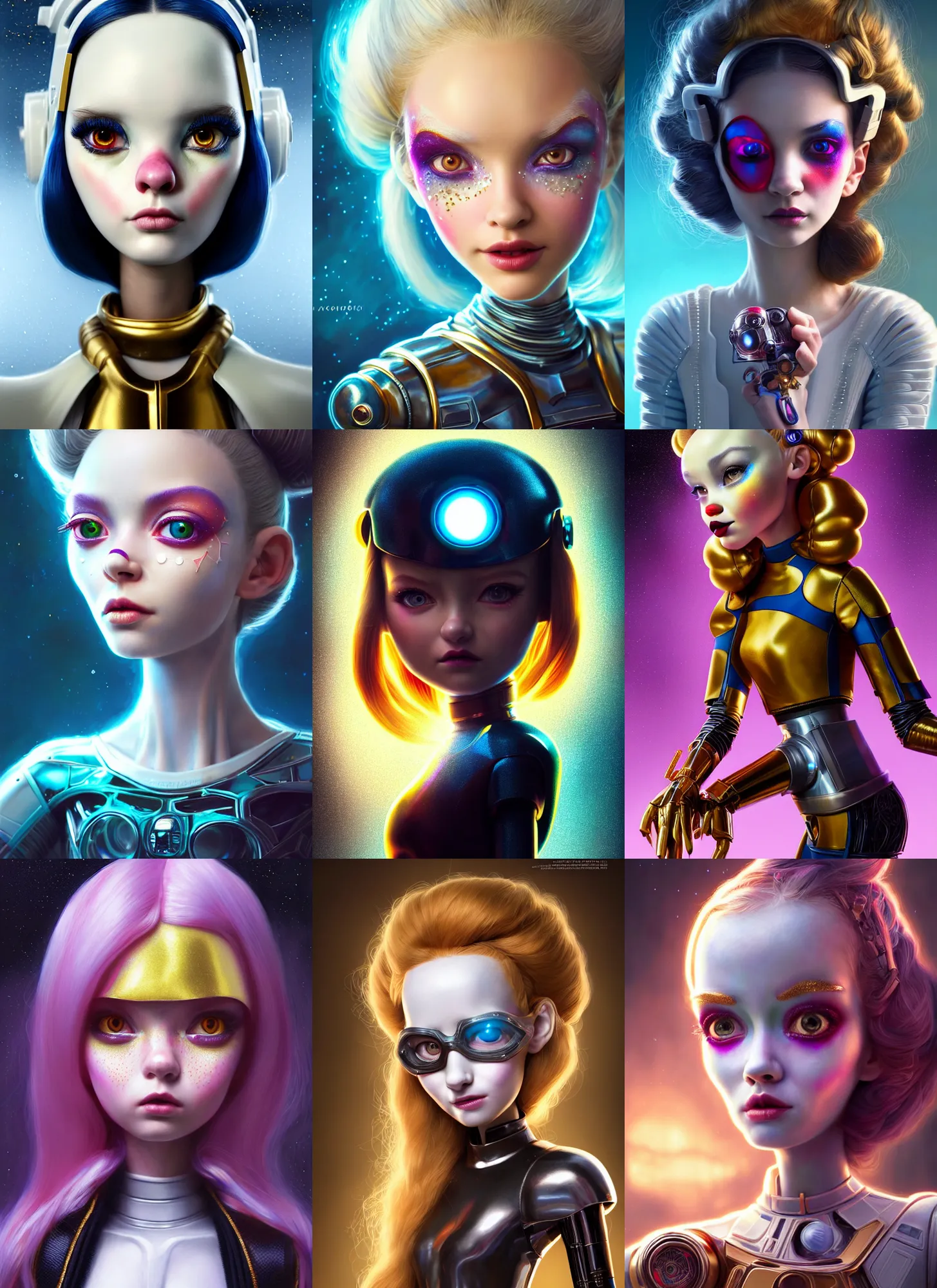 Prompt: pixar portrait 8 k photo, beautiful shiny white porcelain rich galactic star wars clowncore russian cyborg college girl, golden ratio details, sci - fi, fantasy, cyberpunk, intricate, decadent, highly detailed, digital painting, ever after high, octane render, artstation, concept art, smooth, sharp focus, illustration, art by artgerm, loish, wlop