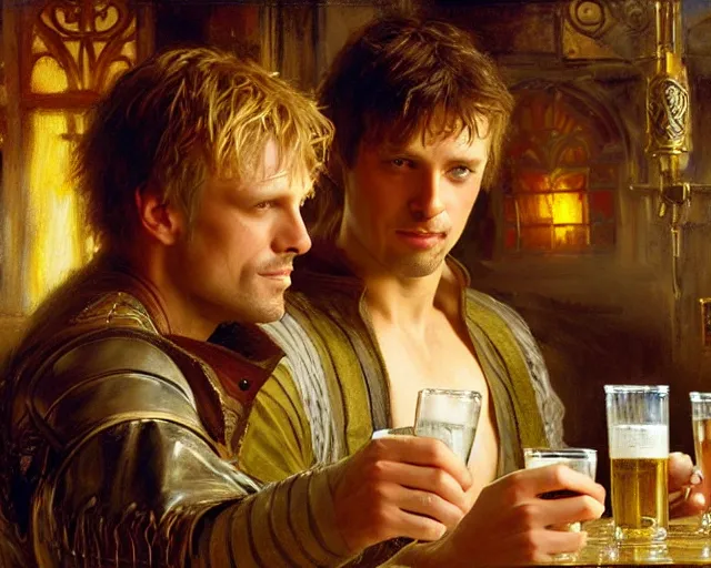 Image similar to attractive arthur pendragon and attractive lancelot go to a pub together to have some drinks. highly detailed painting by gaston bussiere, craig mullins, j. c. leyendecker 8 k