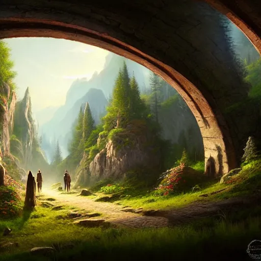 Image similar to beautiful matte painting by arthur gurin concept art of archway fantasy path into the mountainous sloping meadow and slightly forested background void of people, atmospheric lighting, painted, intricate, volumetric lighting, beautiful, rich deep colors masterpiece, sharp focus, ultra detailed by