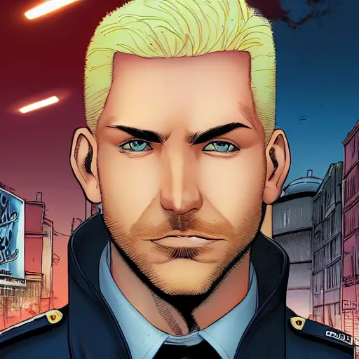 Image similar to portrait of a blonde pale police officer with short hair and a patchy beard, close up, grimy streets backdrop, detailed, art by russell dauterman and patrick gleason and stefano caselli and marco checchetto and esad ribic