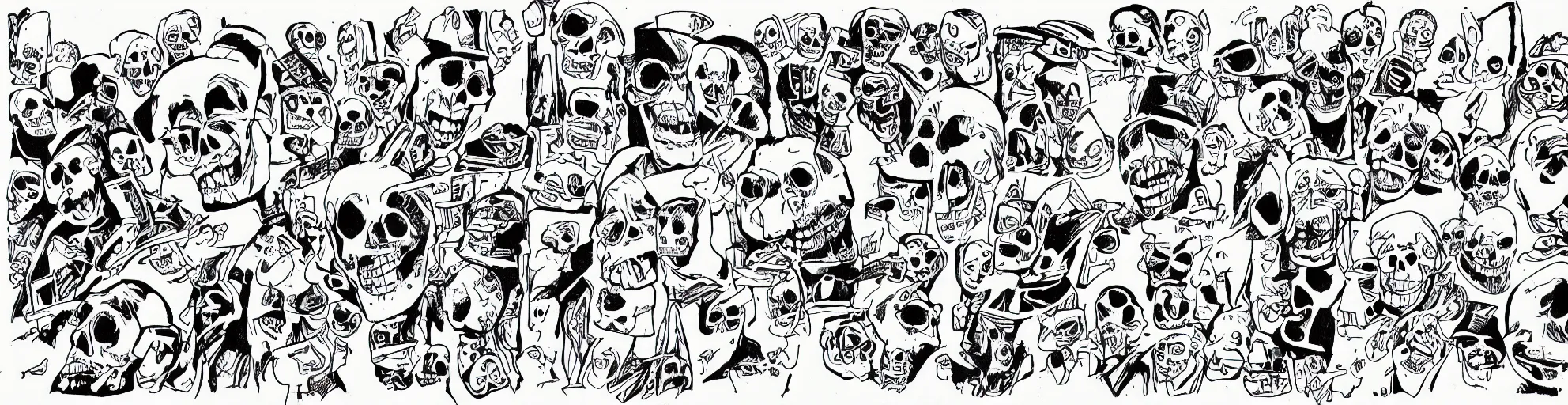 Image similar to film strip of a zany cartoon starring a skull, thick line work