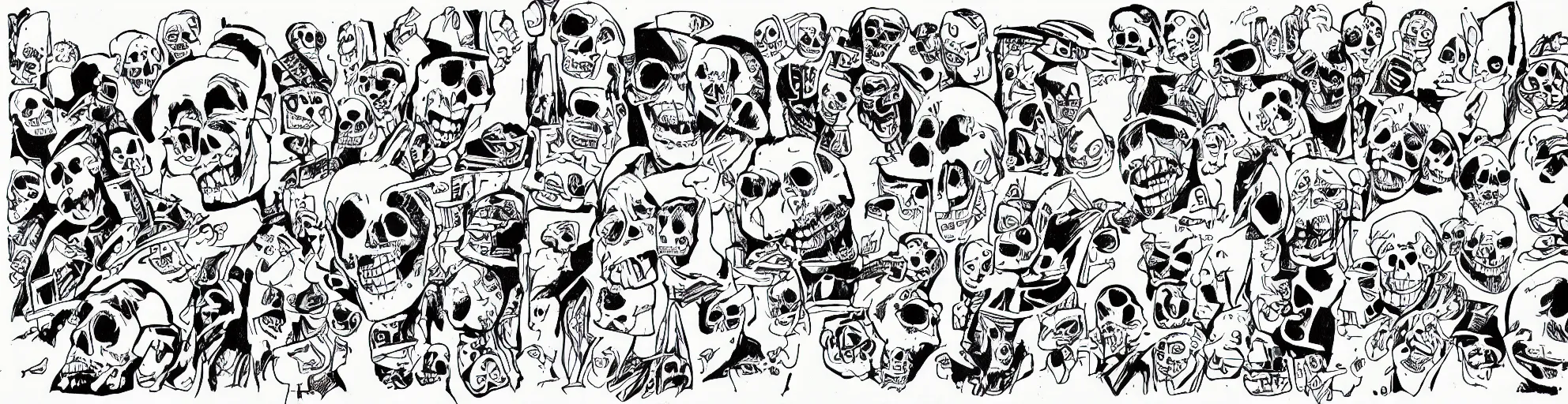 Prompt: film strip of a zany cartoon starring a skull, thick line work