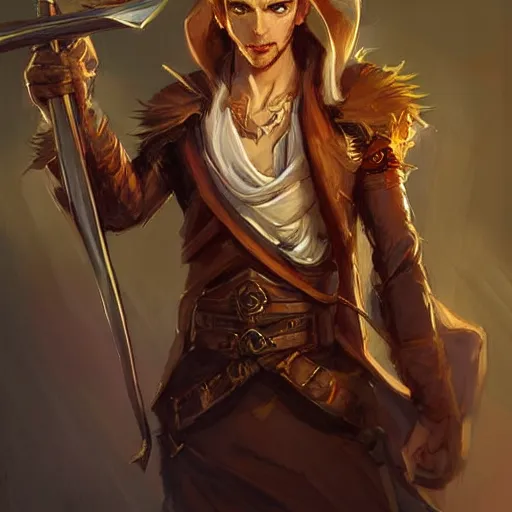 Image similar to hansome hal - elf, wielding a magic staff, well dressed, notes of orange, brown hair, beautiful, dnd character art portrait, matte fantasy painting, deviantart artstation, by jason felix by steve argyle by tyler jacobson by peter mohrbacher by paul hedley, cinema