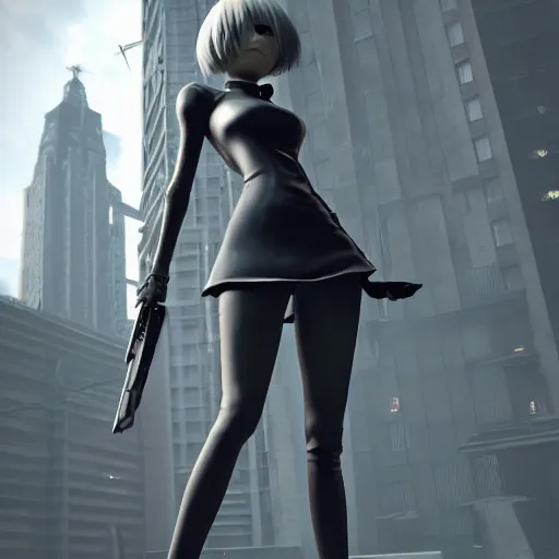 Image similar to 2 b nier automata standing in front of a tall building holding a gun, 3 d render, unreal engine, octane render, ray tracing, unity, highly detailed, high quality, hd, 4 k, 8 k, realistic, sharp, trending