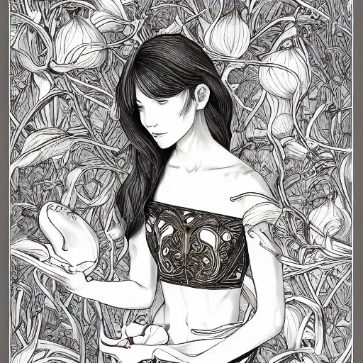 Prompt: a clove of garlic that resembles an incredibly beautiful, graceful, elegant, and sophisticated young brunette woman, an ultrafine detailed illustration by james jean, intricate linework, bright colors, final fantasy, behance contest winner, vanitas, angular, altermodern, unreal engine 5 highly rendered, global illumination, radiant light, detailed and intricate environment