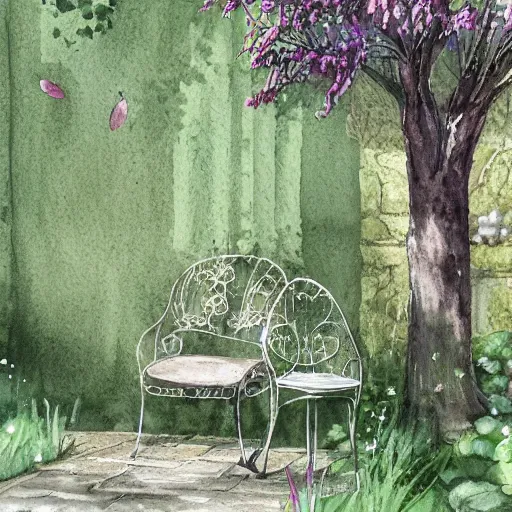 Image similar to delicate rain, toad, chairs, garden, paved, botanic watercolors, iridescent, 8 k, realistic shaded, fine details, artstation, italian, iron gate, tree, mediterranean